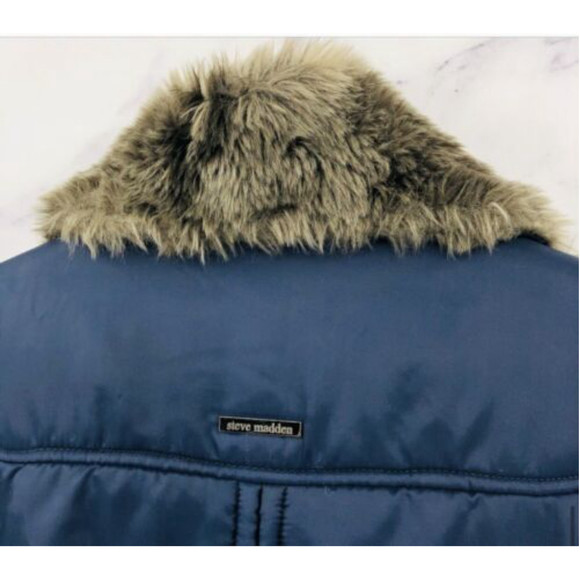 STEVE MADDEN denim blue parka, removable faux fur collar, EUC, size large - Picture 6 of 7